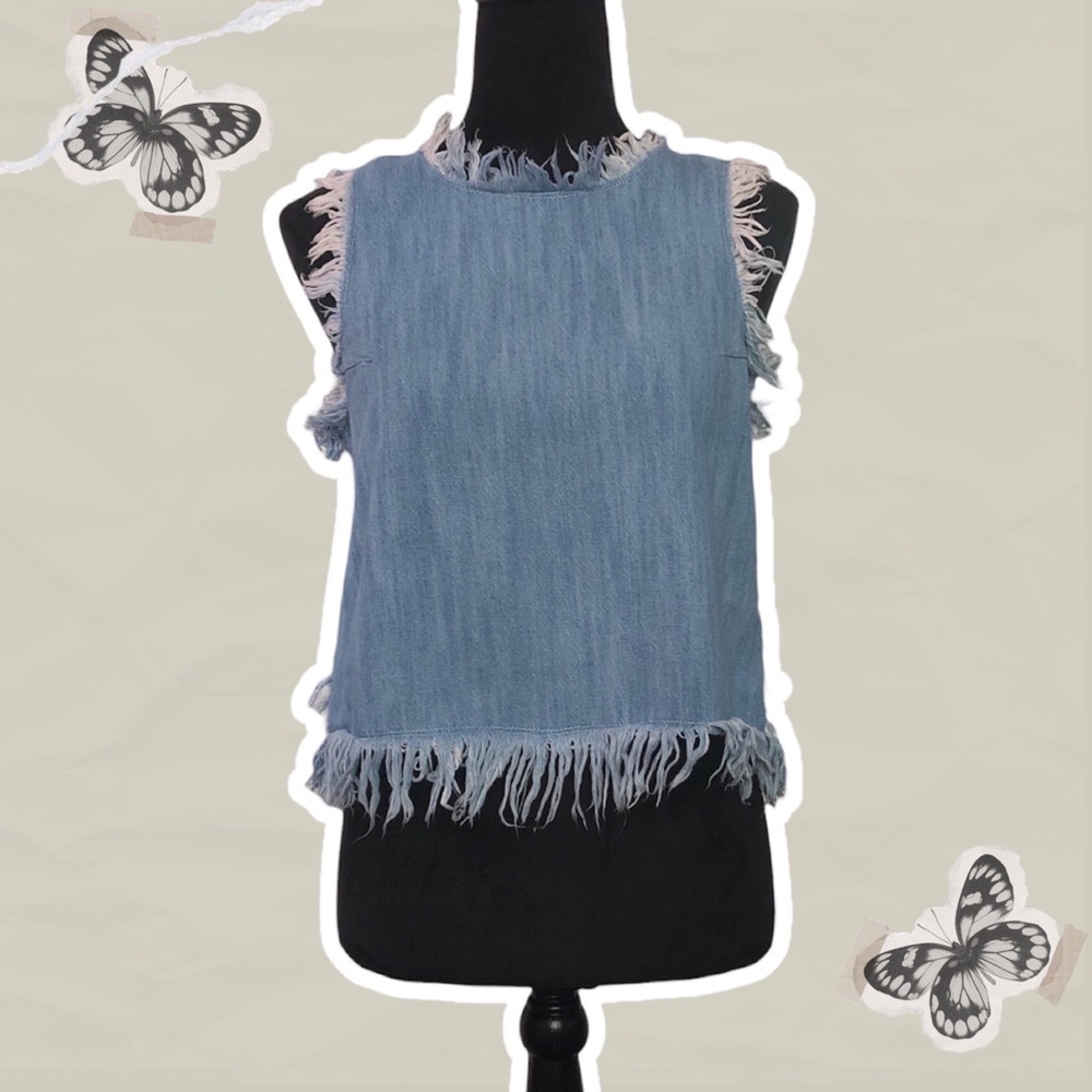 Tinsel Nordroms Women’s Raw Edge Fringe Denim Sleeveless Statement Piece Top